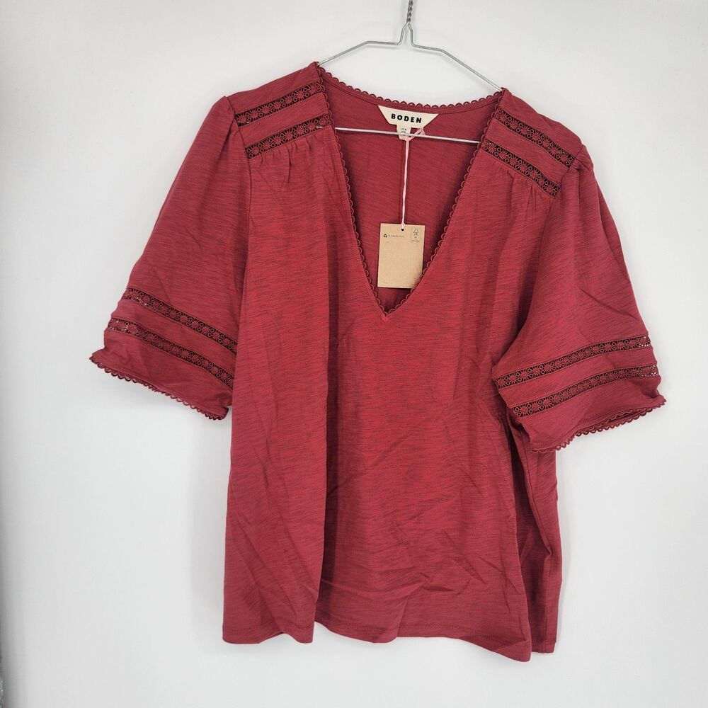 Boden Size US 14 Terracotta Red Popp Trim V Neck T-Shirt NWT